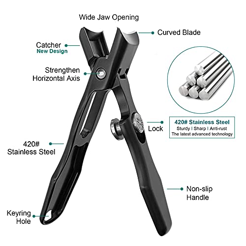 VOGARB Nail Clippers for Thick Nails Large Wide Jaw Opening Cutter with Safety Lock Heavy Duty for Toenail Fingernail No Splash Trimmer with Big Catcher for Men Women Adult Seniors (Black)