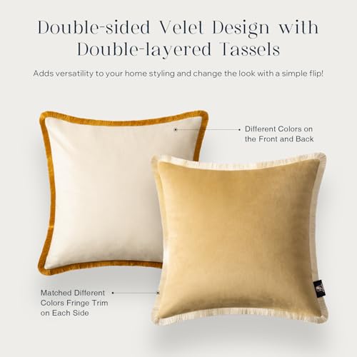 Phantoscope Pack of 2 Velvet Decorative Throw Pillow Covers, Double-Sided Tassel Trimmed Design, Soft Luxury Velvet Pillows Square Cushion Case for Couch Sofa Bed, Beige, 18 x 18 inches 45 x 45 cm