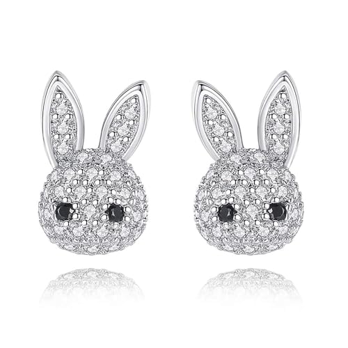 ENSKEFEN Cute Easter Earrings for Women Tiny CZ Rabbit Stud Earrings Funny Bunny Crystal Earrings Silver Rhinestone Earrings Holiday Gifts