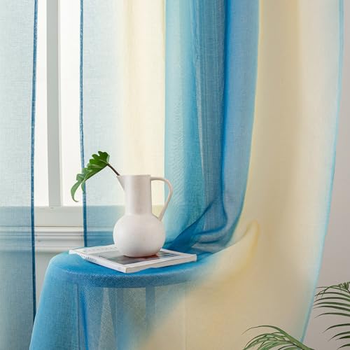 Yancorp Sheer Curtain Semi Bedroom Curtains 63 inches Length Linen Pink Blue Ombre Curtains Rod Pocket Drapes Girls Living Room Mermaid Bedroom Nursery Kids Window Decor, 1 Panel(Pink Blue, 40"x63")