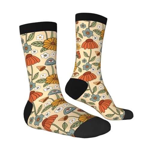 JKJOJIA 70s Retro Floral Mushroom Novelty Socks For Men Women, Funny Crazy Crew Socks Casual Dress Socks Gifts