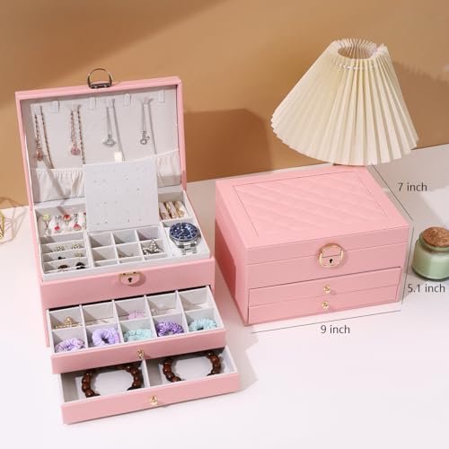 GUOER Jewelry Box for Women Girl Wife 3 Layers Large PU Leather Jewelry Organizer Storage Case with Two Layers Display for Earrings Bracelets Rings Watches PINK