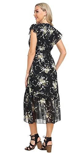 VintageClothing Womens Sundress Casual Floral Summer Boho Dress Flowy Wrap V Neck Ruffle A-Line Pleated Hem Midi Dresses, L