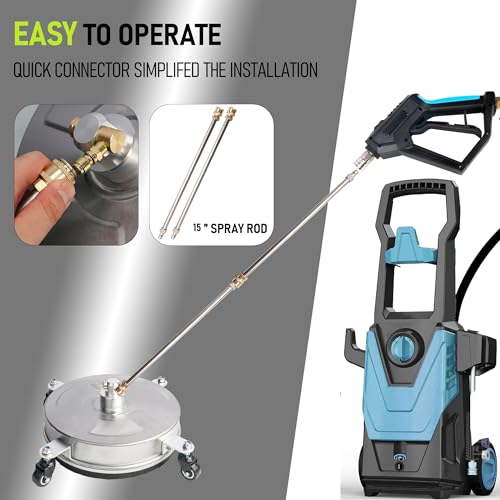 Hourleey 14" Pressure Washer Surface Cleaner, Stainless Steel Surface Cleaner with 4 Wheels for Concrete, Patio, Sidewalk, Deck, Pathway 1/4" Quick Connector, 2 Extension Wand, 4000 PSI