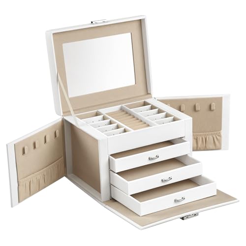 SONGMICS 4-Tier Jewelry Box, Lockable Jewelry Organizer with Handle, 3 Drawers, Travel Jewelry Case with Mirror, Jewelry Storage, Modern Style, Gift for Loved Ones, White UJBC159W01