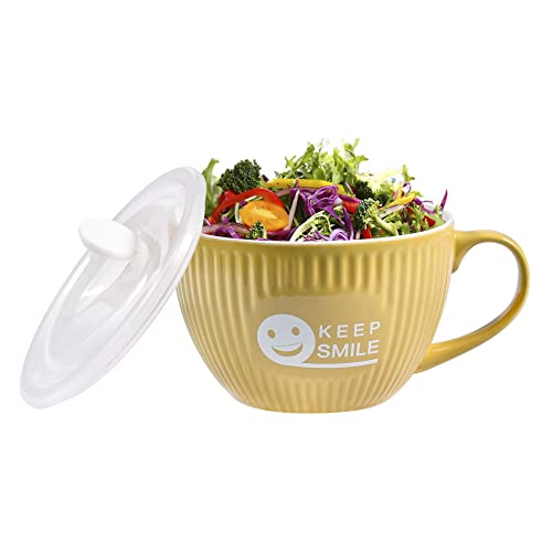 fMSDD Keep Smile Large Soup Mug with Lid, Funny Icon Ramen Bowl Ceramic Bowls with Handle, 28oz, Apricot Yellow