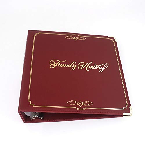 Performore Family History/Genealogy 3 inch Ring Binder, Burgundy, Stitched Padded Cover with Gold Corners and Artwork, Includes Pen Loop