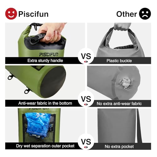 Piscifun Dry Bag, Waterproof Floating Backpack 5L with Waterproof Phone Case for Boating, Kayaking, Fishing, Army Green 5L