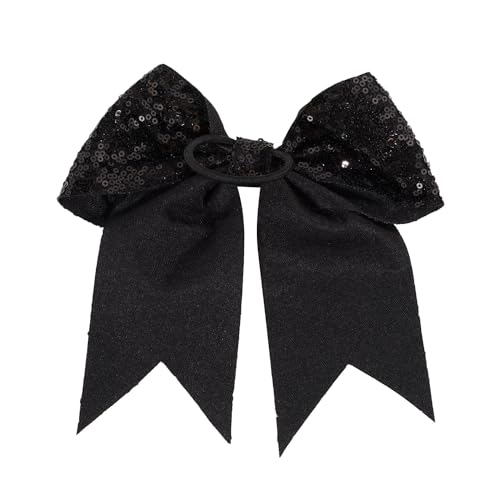 12 Pieces 8 Inch Black Cheer Bows Glitter Jumbo Cheerleading Bow with Elastic Ponytail Holder Bow Hair Tie Band Hair Accessories for School Girls Toddlers
