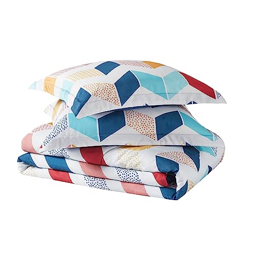 Comfort Spaces Kylar Cozy Comforter Set, Vibrant Chevron Ruching Design with Solid Reverse, All Season Down Alternative Bedding with Matching Sham, Twin/Twin XL (66 in x 90 in), Multi/Aqua 2 Piece