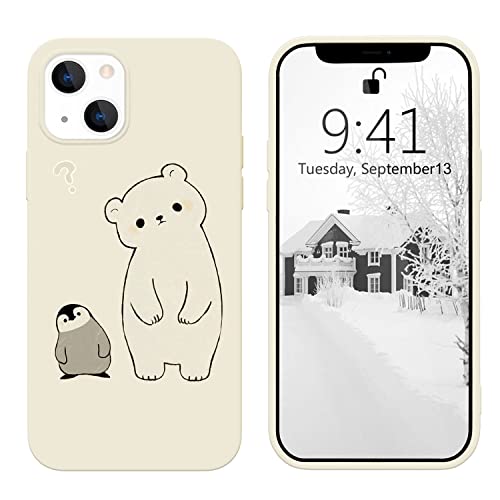 QISHANG Cute Bear Penguin White Liquid Silicone Case Compatible with iPhone 13,Soft Shockproof Protection Cover with Soft Microfiber Lining Kawaii Unique Funny Animal Designed for iPhone 13 Case Girls