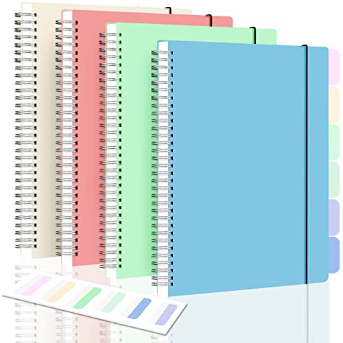 Spiral Notebook, College Ruled Notebook Journal, 4 Pack A5 Lined Paper Journal Notebook, Subject Notebook for School, Work, Notes, 560 Pages, 24pcs Index Tabs, Assorted Pastel Notebook, 5.5" x 8.5"