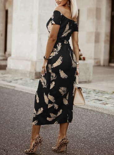 Sidefeel Women's Casual Off The Shoulder Floral Print High Slit Evening Party Bridemaid Wedding Dress Blue Flower Small