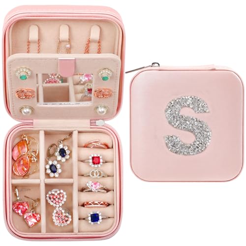 CHMI Travel Jewelry Case, Pink Travel Jewelry Box, Travel Jewelry Organizer, Travel Gifts for Women Girls, Jewelry Organizer Box, Birthday Gifts for Women, Christmas Gifts for Teens Girls - Initial B