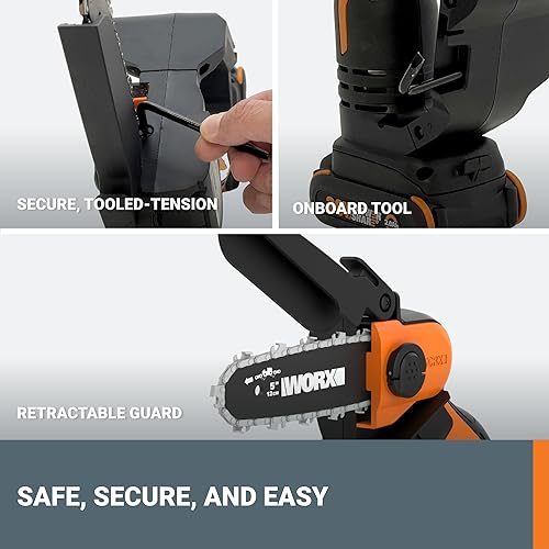 Worx 20V 5" Mini Cordless Chainsaw, 3.9 lbs, 22 ft/s Chain Speed, Power Share Battery, Upper & Hand Guard WG324 - Battery & Charger Included
