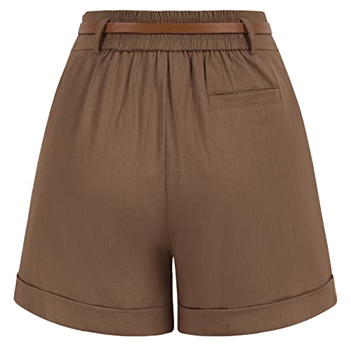 Womens Summer Linen Shorts Khaki Bermuda Shorts with Belts Paper Bag Shorts (Khaki, S)