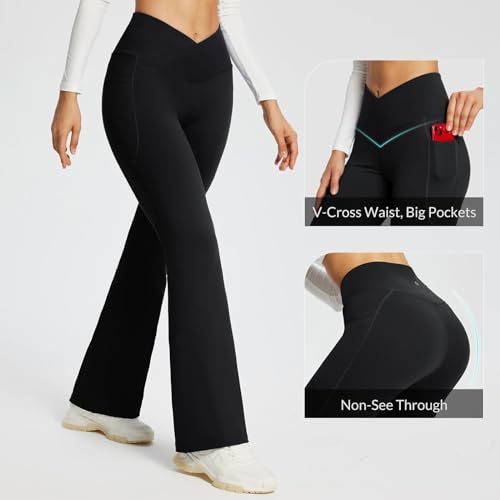 baleaf Women's Tall Flare Leggings 34" Tummy Control Crossover High Waisted Long Bootcut Yoga Pants with Pockets Work Casual Black S
