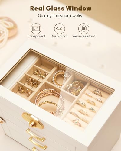 Enthralite Jewelry Box with Glass Lid | 4-Layer Jewelry Organizer with 3 Drawers for Necklaces, Earrings, Rings, Bracelets| Gift for Women Girls | White