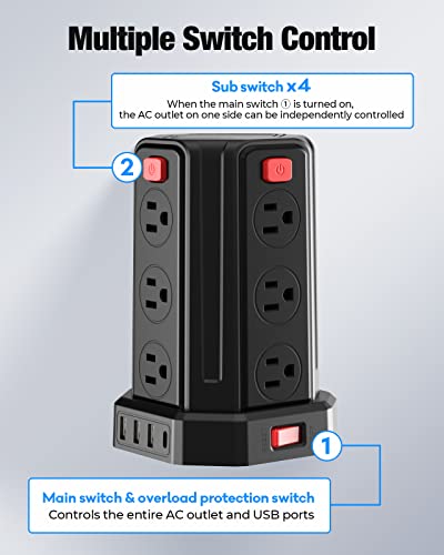Power Strip Surge Protector, 10 Ft Extension Cord with 12 AC Multiple Outlets 4 USB (1 USB C), SMALLRT Power Tower Desktop Charging Station, Home Dorm Room Office Essentials, Desk Accessories Black