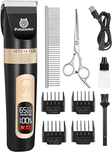 Petsaunter Dog Clippers for Grooming, 4-Speed & LCD, Low Noise Electric Dog Trimmer for Grooming, Cordless Rechargeable Dog Hair Clippers, Super Quiet for Dogs & Pets with Thick or Heavy Coats(C95)