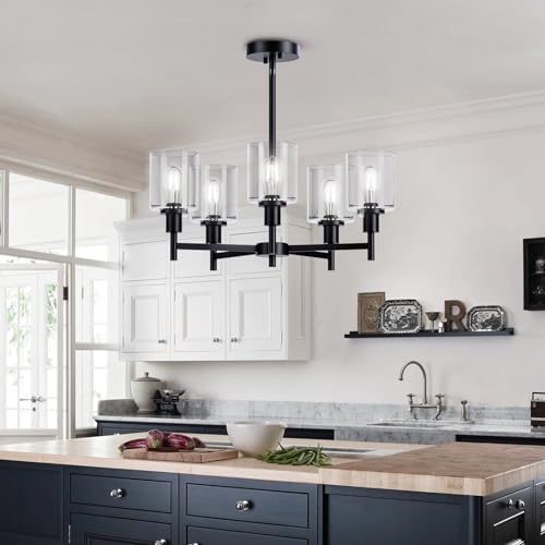 GAOMON Black Chandelier,5 Lights Modern Lighting Fixtures with Clear Glass Shade Flush Mount Ceiling Light for Dining Room,Bedroom,Kitchen,Foyer