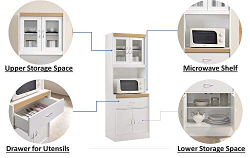Hodedah Long Standing Kitchen Cabinet with Top and Bottom Enclosed Cabinet Space, One Drawer, Large Open Space for Microwave, White