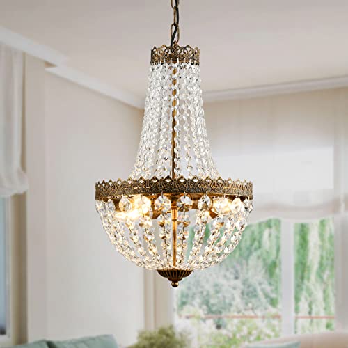 KAIQI 4 Lights French Empire Mini Crystal Chandelier Farmhouse Pendant Lighting, Bronze Finish Ceiling Light Fixture for Dining Room Bedroom Foyer Living Room, D12.6inch x H19.7inch