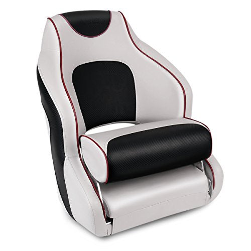 Leader Accessories Two Tone Captains Bucket Seat Boat Seat Premium Sports Flip Up Boat Seat(Light Grey/Black,Dark Red Piping)