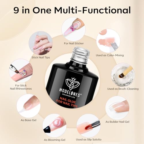 Modelones 9 in One Nail Glue Gel Nail Prep Dehydrate Gel Nail Kit Nail Extension Set for False Nail Tips/Acrylic Nails/Base Gel/Bloom Gel/Adhesive Bond, Long Lasting Curing Needed