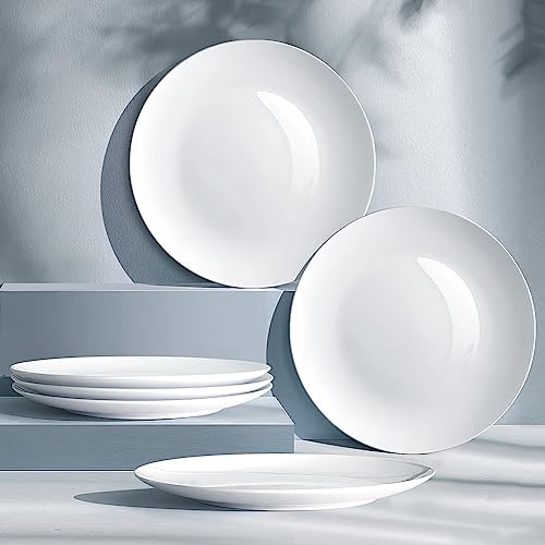 YFWOOD Ceramic Dinner Plates Set Of 6, 8 Inch Salad Plates, Contemporary Round Porcelain Tablewar, Suitable for Desserts, Appetizer, Pasta, Microwave Safe, Scratch Resistant Deep Plates - White