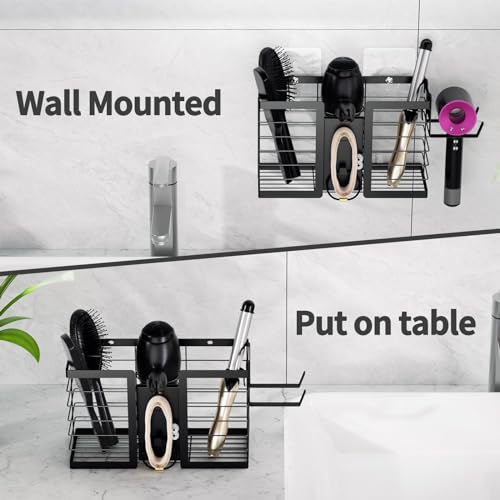 Hair Tool Organizer Hair Dryer Holder, 3 in 1 Metal Bathroom Blow Dryer Organizer Wall Mount for Flat Iron, Curling Iron, Straightener, Hair Care & Styling Tools Storage and Organizer (Black)-2pcs