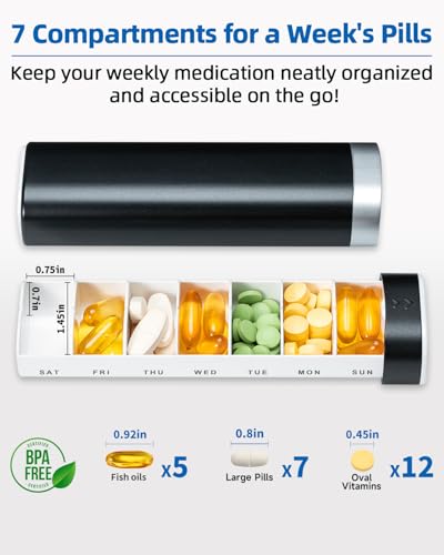Betife Weekly Pill Organizer 7 Day, Daily Pill Box, Travel Pill Case, Cute Pill Holder, Drawer-Shaped Medicine Box to Hold Vitamins, Medicines, Supplements, Pills Organizer(Black)