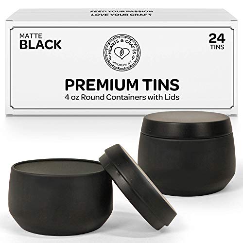 Hearts & Crafts Black Candle Tins 4 oz with Lids - 24-Pack of Bulk Candle jars for making Candles, Arts & Crafts, Storage, Gifts, and More - Empty Candle Jars With Lids