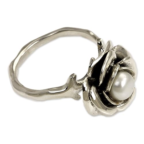 NOVICA Artisan Handmade Pearl Flower Ring Crafted Sterling Silver White Single Stone Indonesia Floral Birthstone Peace [crownbezel 0.4 in H x 0.6 in Diam. Band Width 2 mm W] ' White Rose'