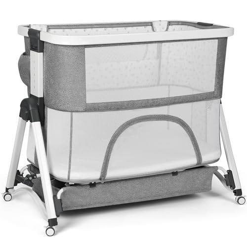 Cowiewie 4 in 1 Baby Swingable Bassinet Infant/Newborn to Toddler Bassinet with 4 Stages, Bedside Sleeper+Travel Cot+Bassinet+Playpen with Mattress, Breathable Net,6 Height Adjustable (Gray)