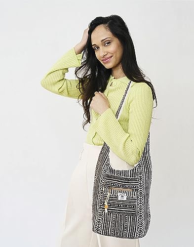 LONGING TO BUY Hemp Handbag, Unisex-Adults, Black & White, Faux Leather, Cross-Body, Zipper Closure, 13 x 2 x 14 inches