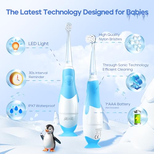 SEAGO Toddler Electric Toothbrush for Ages 1-3 Years,Baby Electric Toothbrush with Smart LED Timer and Sonic Technology,4 Brush Heads(Blue)