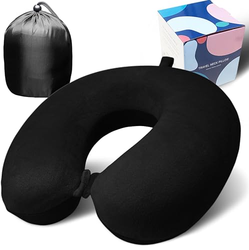 Anmokey Neck Pillow for Airplane Travel, 100% Pure Memory Foam Travel Neck Pillow for Sleeping & Travel Essentials for Neck Rest, Black, Pack with Box