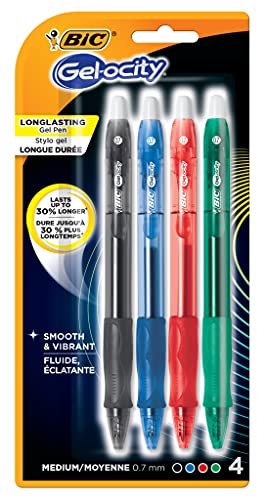 BIC Gel-ocity Original Retractable Gel Pen, Medium Point (0.7mm), Assorted Colors, Comfortable, Contoured Grip, 4-Count