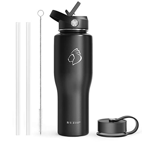 BUZIO Insulated Water Bottle Fits in Cupholder, Stainless Steel Tumbler with Straw Lid 32oz, Leak-proof BPA-Free Insulated Water Flask for Travel, Keeps Cold for 48H, Hot for 24H, Black