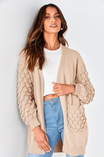 PRETTYGARDEN Women's Cardigan Sweaters Fall Clothes Open Front Cable Knit Oversized Winter Coats Outerwear (Beige,Small)