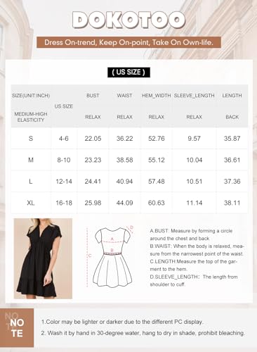 Dokotoo Women's Casual Dresses V Neck Drawstring Short Sleeve High Waist Ruffle A Line Solid Color Summer Fashion Short Flowy Pleated Mini Babydoll Dress for Women 2024 Sundresses Black Small