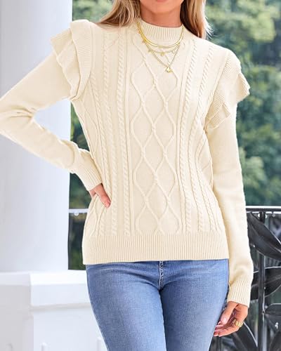 KIRUNDO Women's 2024 Fall Winter Fashion Ruffle Long Sleeve Chunky Cable Knit Sweater Casual Crew Neck Ribbed Pullover Beige White