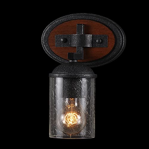 Globe Electric 51855 Kingston 1-Light Vanity Light, Dark Faux Wood, Galvanized Metal Accents, Clear Seeded Glass Shade, Bulb Not Included