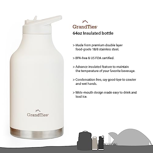 GRANDTIES 2 Lids Sports Stainless Steel Water Bottles – Wide Mouth Vacuum Insulated Reusable Leak Proof BPA-Free Travel Metal Canteen, Thermos Bottles for Men Women Gym (Ivory White 32 oz)