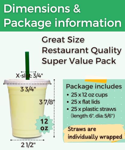 Aatriet 12 oz Clear Plastic Cups with Lids and STRAWS, Disposable Party Cups for To Go Iced Coffee Cold Drinks, Smoothie, Juice, Parfait, Frappuccino, Milkshake. No Leaking Fruit Cup, 25 Sets