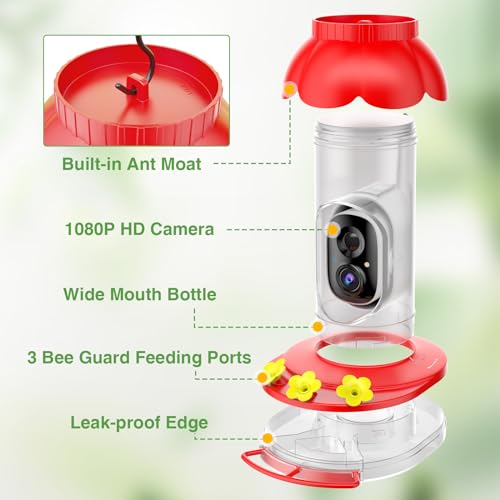 Hummingbird Feeder with Camera for Outdoors, Auto Capture & Identify Bird Species, Wide Mouth for Easy Filling with Built-in Ant Moat and Bee Guards, Ideal Bird Watching Gift (Blue)