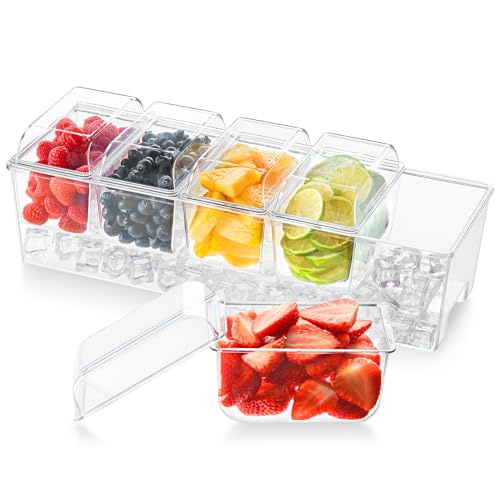 Lifewit Ice Chilled Condiment Caddy with 5 Containers(2.5 cup), Condiment Server with Separate Lids, Serving Tray Platter with Removable Dishes for Bar Accessories, Fruit, Salad, Taco, Party Garnish