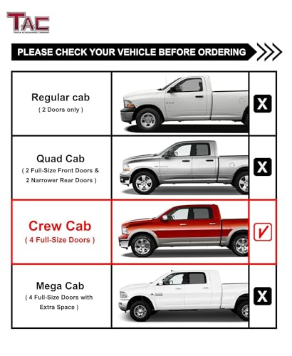 TAC Side Steps Running Boards Fit 2009-2018 RAM 1500 Crew Cab|2019-2024 RAM1500 Classic CrewCab|2010-2025 RAM 2500/3500/4500/5500 Crew Cab Truck Pickup 3” Texture Black Nerf Bars 2Pcs