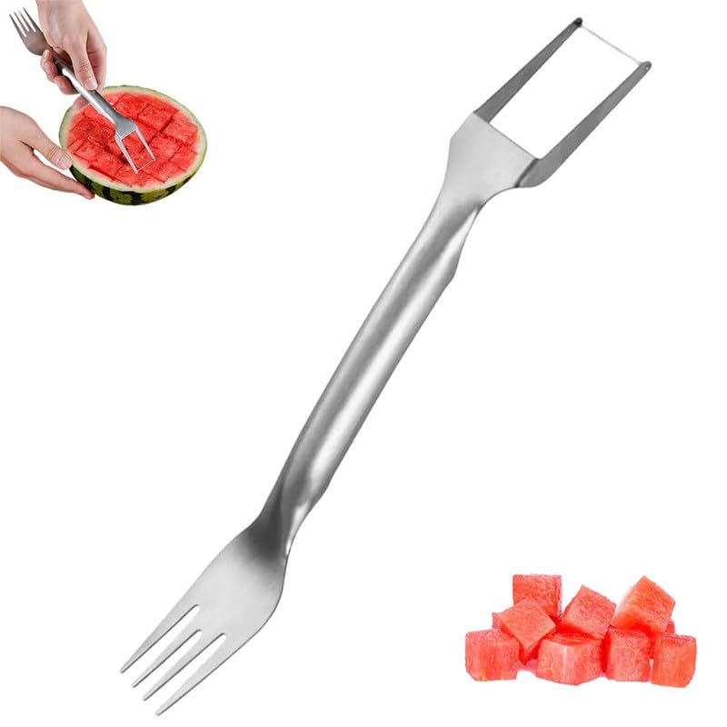 2-in-1 Stainless Steel Fruit Cutter, 2024 New Watermelon Fork Slicer Cutter Slicer Tool, Dual Head Fruit Forks Slicer Knife for Home Kitchen Gadget (1 Pcs)